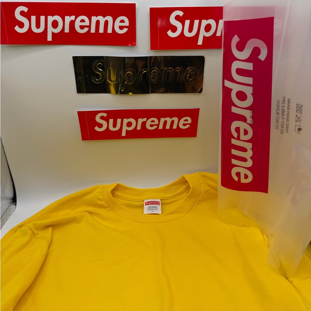 Supreme Bright Yellow Long Sleeve Crewneck Tee with Red Box Logo Tag